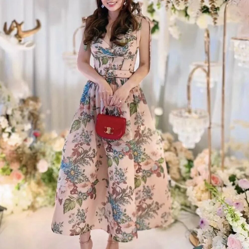 Zimmermann Matchmaker Pink Floral Silk Linen Tie Midi Dress